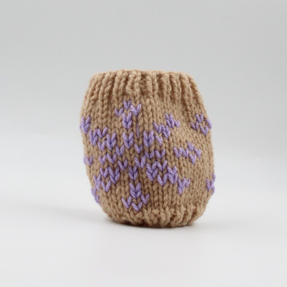Handmade Hand Knit Beige and Lilac Snowflake Motif Acrylic Mug Cozy